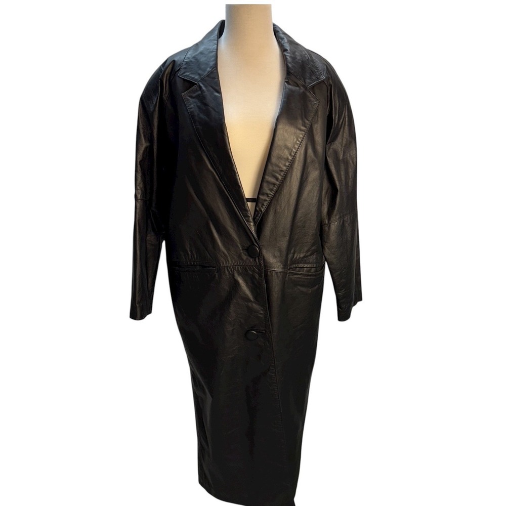 Vintage 90's Cayenne Korean Leather Trench Coat Women's Medium Black Full Length